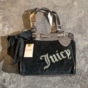 Juicy Couture Black Dreamer Black Velour Tote Bag Embroidered Logo Y2K New